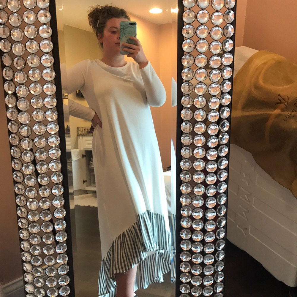 • White Striped Peplum Hem Hi-Lo Dress •